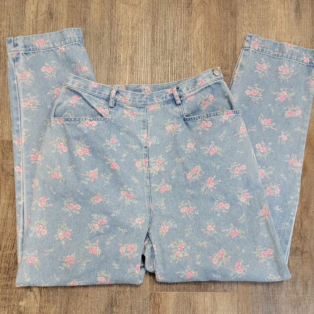 Susan Bristol Vintage Floral Mom High Waisted Jeans Light Wash Flat Front Size 6